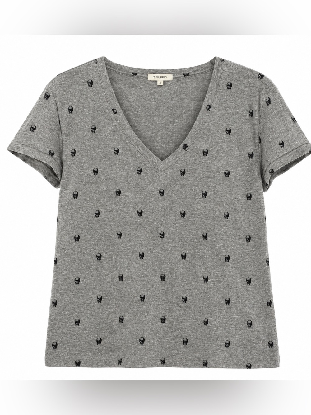 Z Supply Gray V-Neck Short Sleeve Tee with Black Skull Print